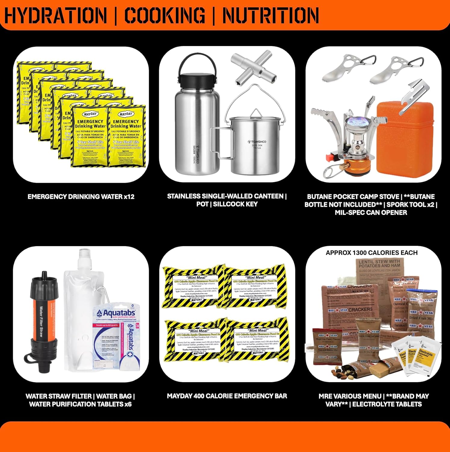 Food and hydration components of the survival kit